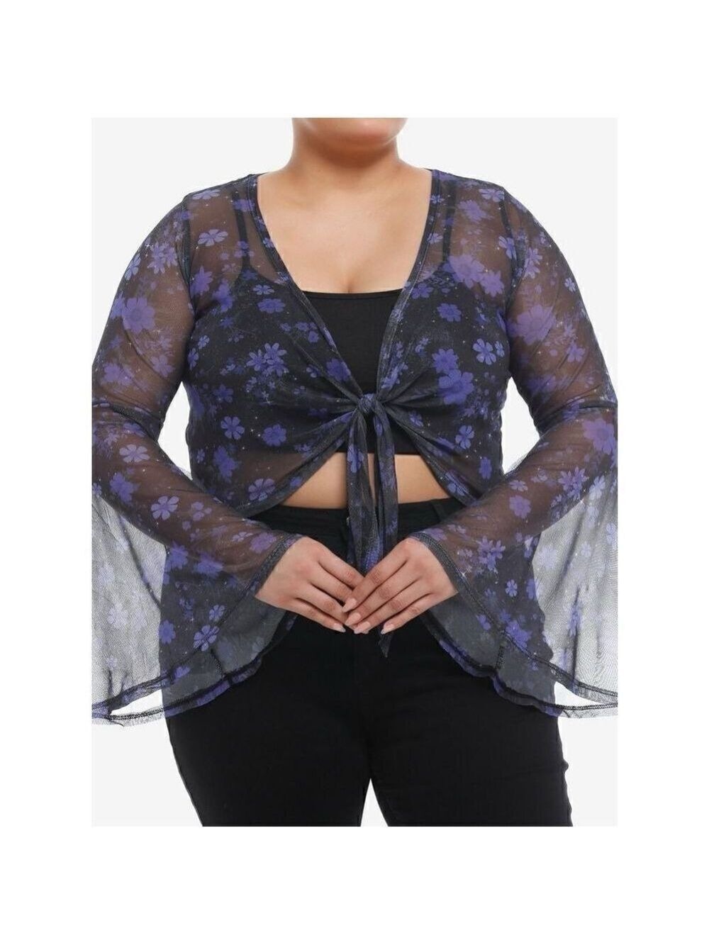 Purple Floral Mesh Girls Bell Sleeve Shrug Plus Size 1